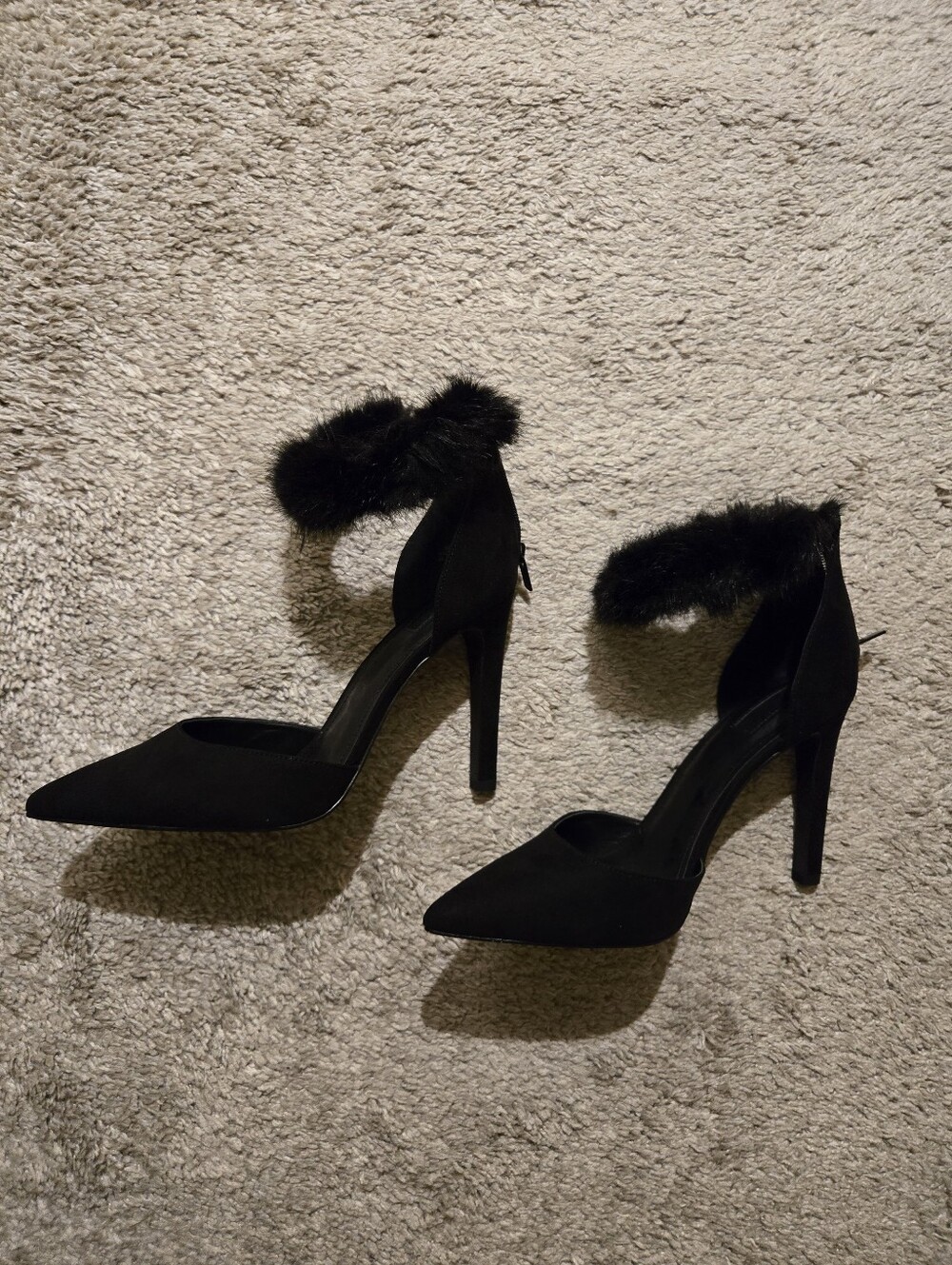 Forever 21 Black Faux Fur Ankle Strap Pointed-Toe Stilettos